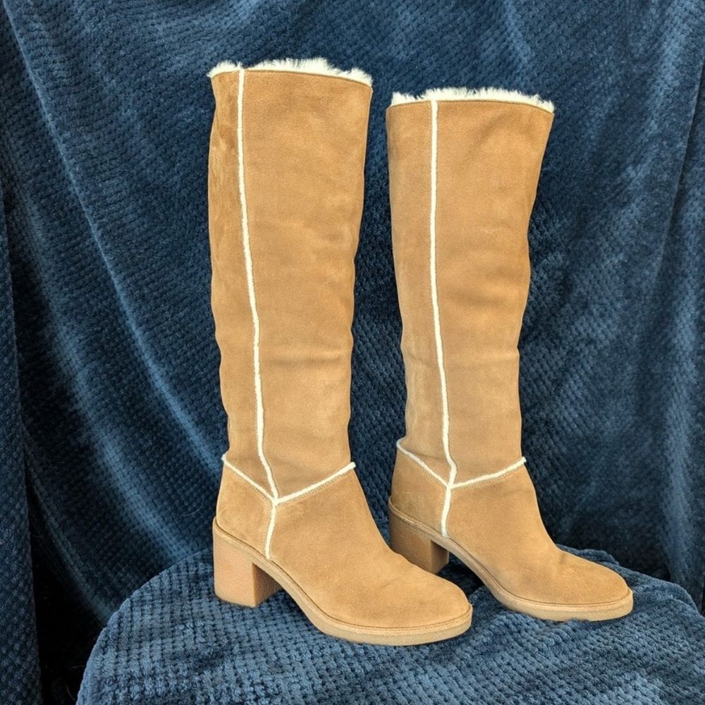UGG Tall Suede Shearling-Trim Knee Boots in Chestnut